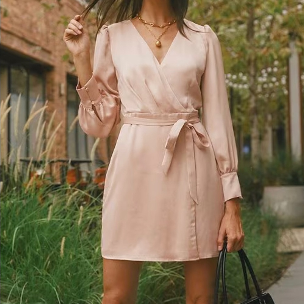 Adelyn Rae Blush Pink Long Sleeve Wrap Mini Dress